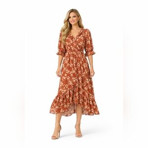 Lauren Conrad Rust Floral Midi Dress Extra Small